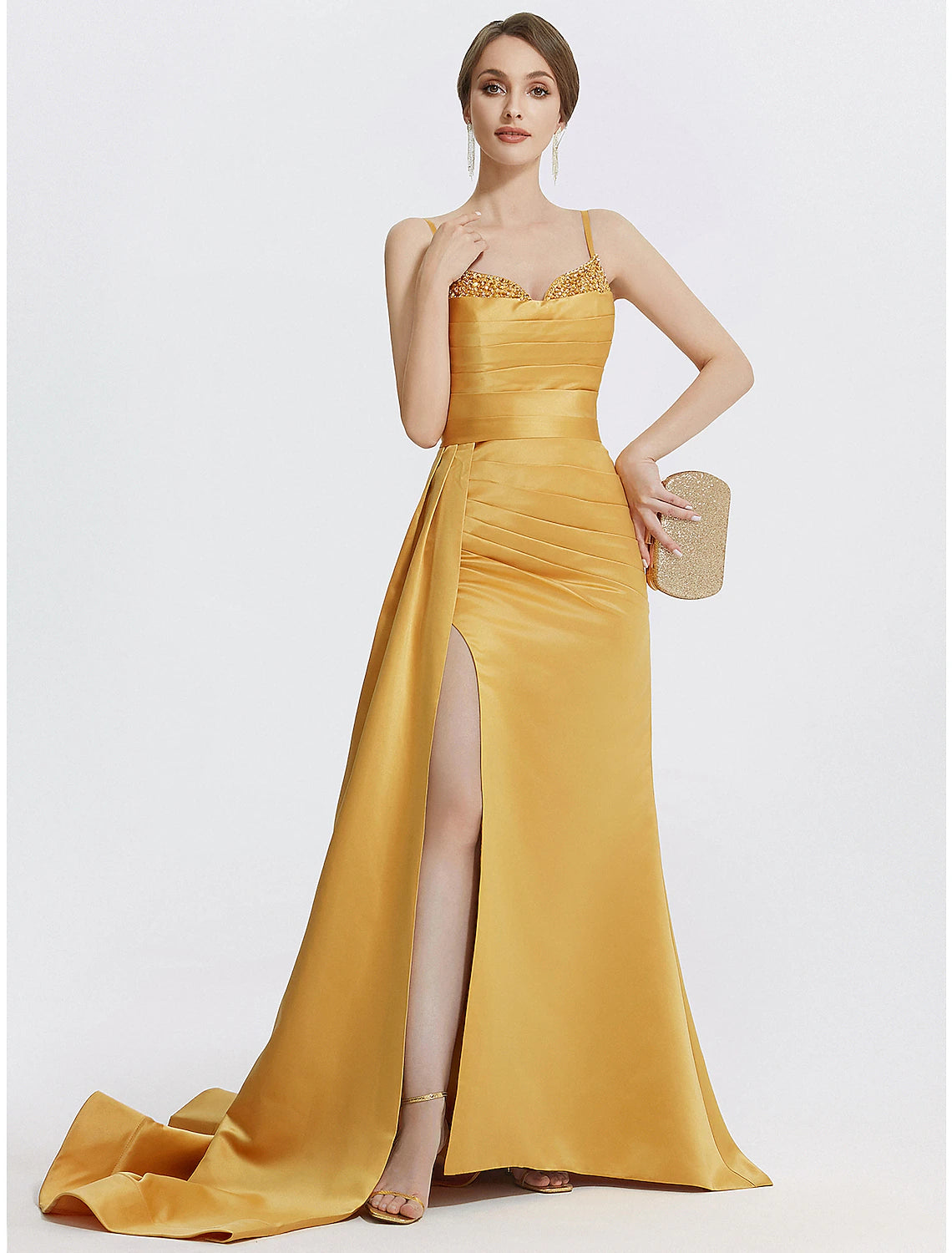 Luolandi A-Line Evening Gown Sparkle Dress Wedding Prom Sweep / Brush Train Sleeveless Spaghetti Strap Satin