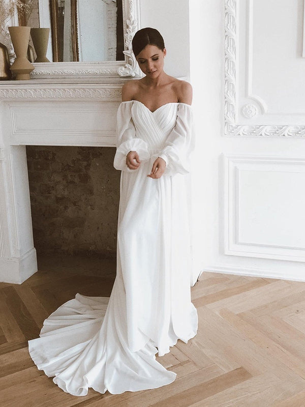 Luolandi Off the Shoulder Chiffon Beach Long-Sleeve Wedding Dresses