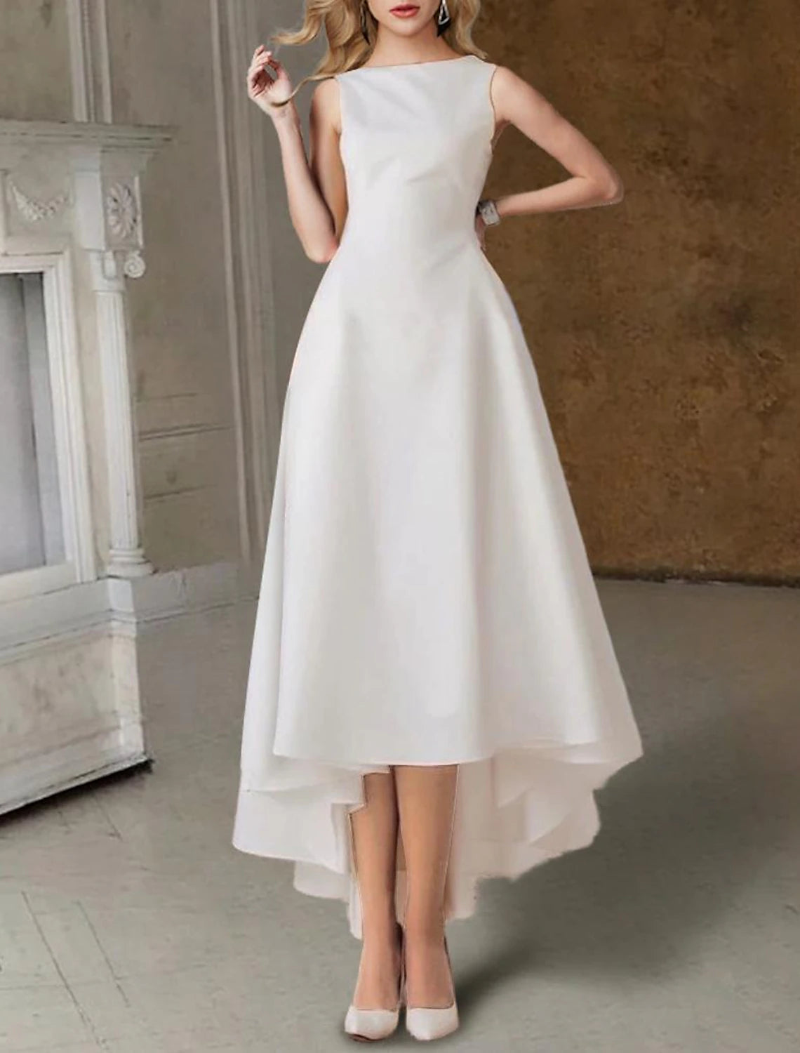 Luolandi Hall Little Dresses Wedding Dresses A-Line Scoop Neck Sleeveless Tea Length Satin Bridal Gowns With Pleats
