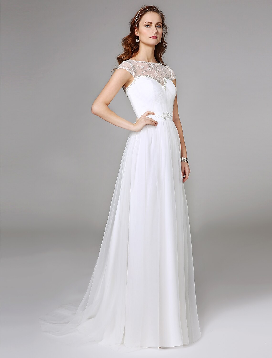 Luolandi A-Line Illusion Neck Sweep / Brush Train Tulle Made-To-Measure Wedding Dresses with Beading