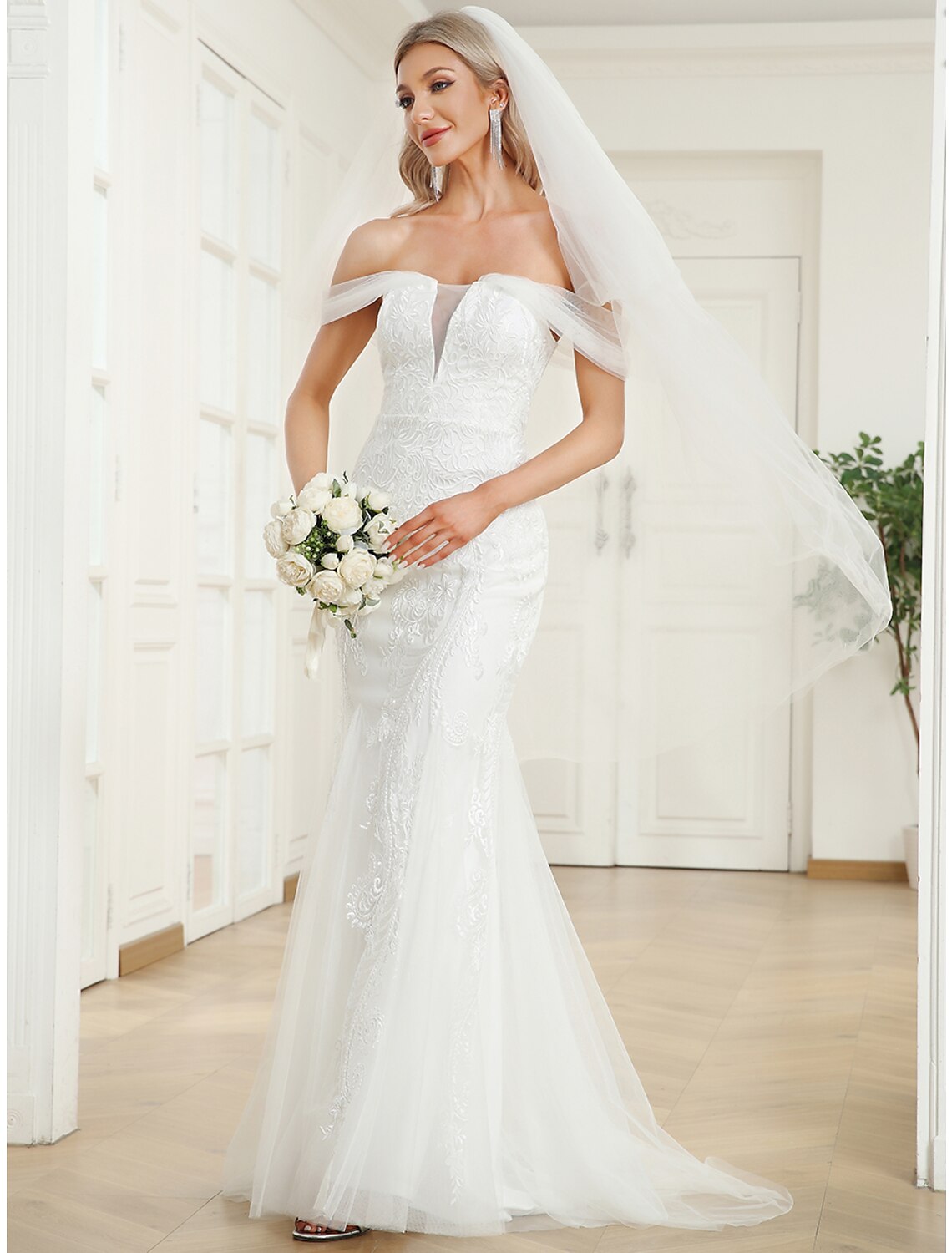 Luolandi Reception Wedding Dresses Mermaid / Trumpet Off Shoulder Cap Sleeve Sweep / Brush Train Lace Bridal Gowns