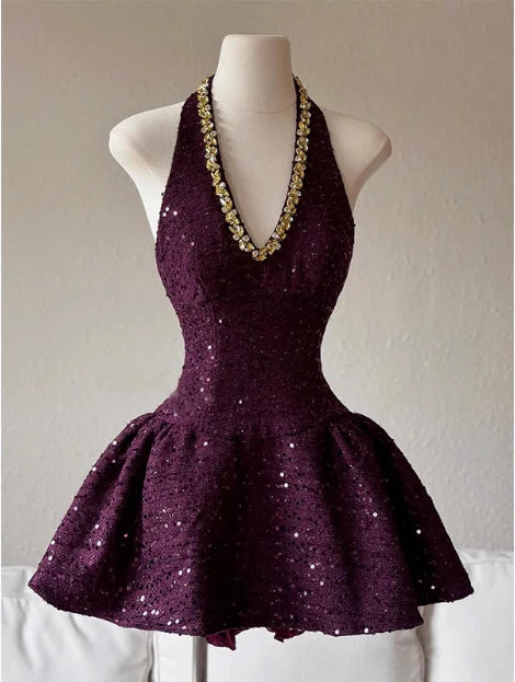 Luolandi Pretty Purple A-line Halter V-neck Sleeveless Short Party Prom Dress Chic Homecoming Dress