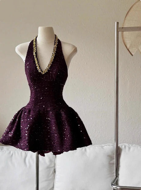 Luolandi Pretty Purple A-line Halter V-neck Sleeveless Short Party Prom Dress Chic Homecoming Dress