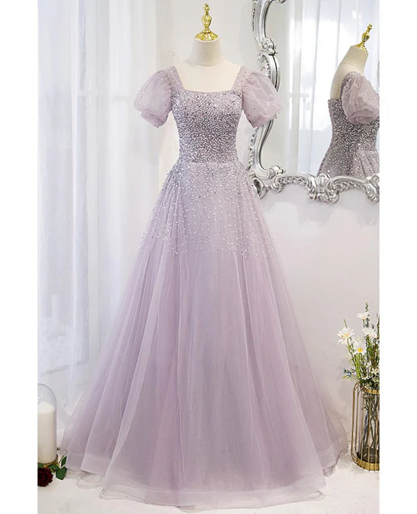 Luolandi Elegant and unique lavender square neckline fluffy short sleeved beaded sequin ball dress A-line princess sheer backless strap and floor length evening dress