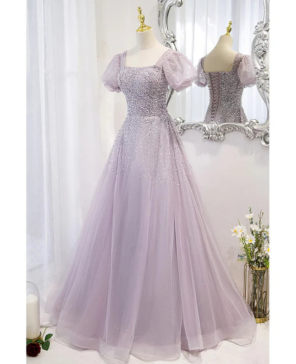 Luolandi Elegant and unique lavender square neckline fluffy short sleeved beaded sequin ball dress A-line princess sheer backless strap and floor length evening dress