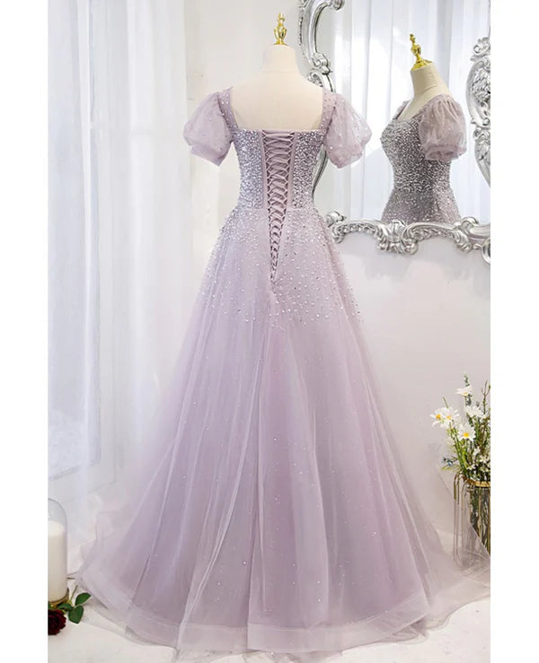 Luolandi Elegant and unique lavender square neckline fluffy short sleeved beaded sequin ball dress A-line princess sheer backless strap and floor length evening dress