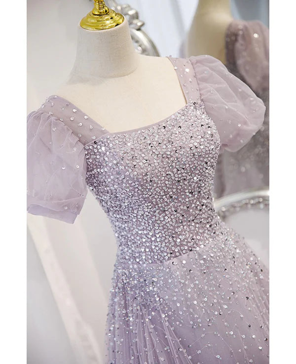 Luolandi Elegant and unique lavender square neckline fluffy short sleeved beaded sequin ball dress A-line princess sheer backless strap and floor length evening dress