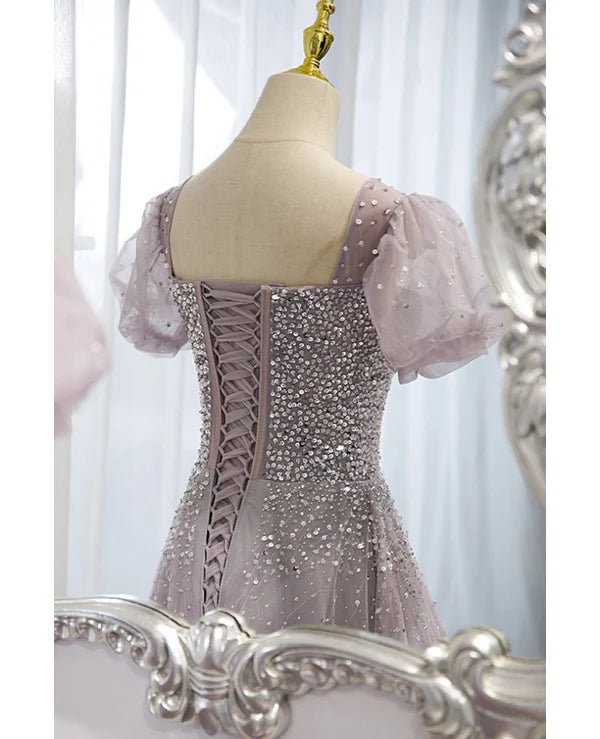 Luolandi Elegant and unique lavender square neckline fluffy short sleeved beaded sequin ball dress A-line princess sheer backless strap and floor length evening dress