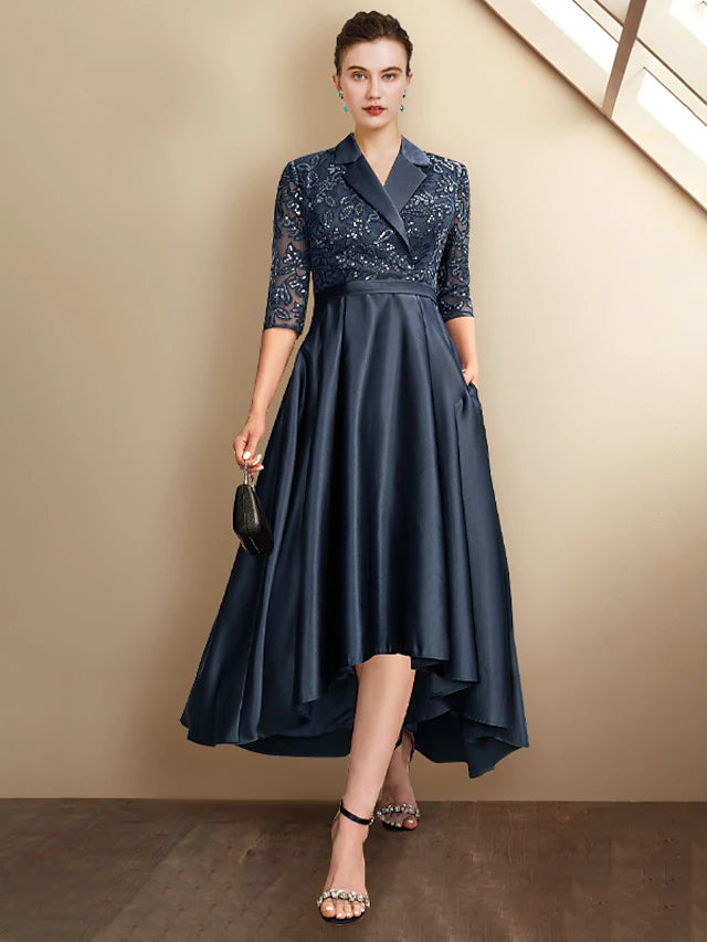 Luolandi A-Line Mother of the Bride Dress Plus Size Elegant High Low Shirt Collar Asymmetrical Tea Length Satin Lace Half Sleeve with Pleats Sequin