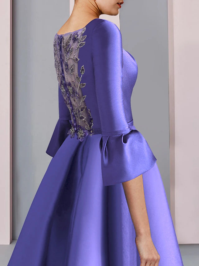 Luolandi A-Line Mother of the Bride Dress Formal Party Elegant Scoop Neck Floor Length Satin 3/4 Length Sleeve