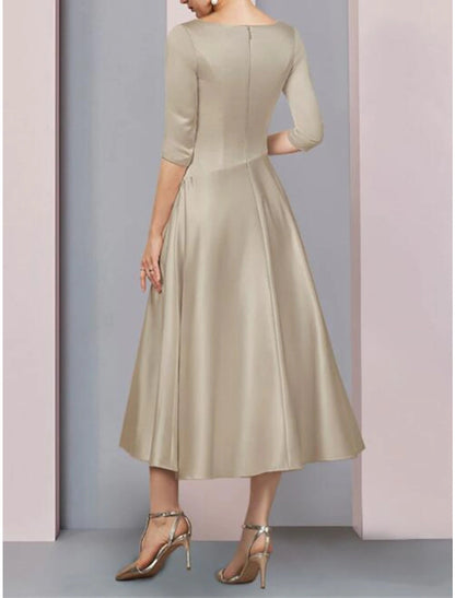 A-Line Mother of the Bride Dress Wedding Guest Vintage Plus Size Elegant Formal Party 3/4 Sleeve Satin V Neck Tea Length