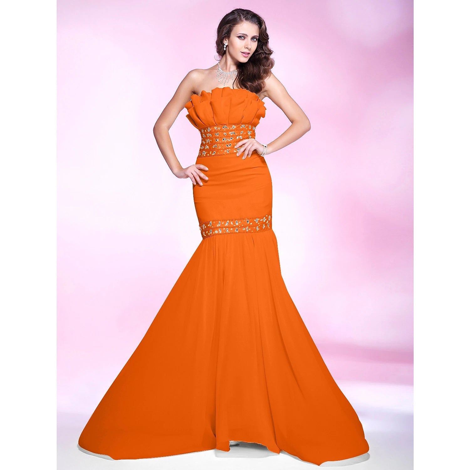 Luolandi Mermaid / Trumpet Elegant Engagement Formal Evening Dress Strapless Sleeveless Sweep / Brush Train Chiffon with Beading