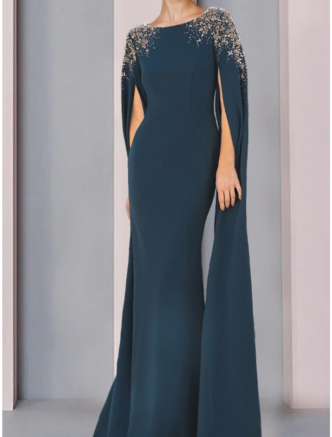 Luolandi Mermaid / Trumpet Mother of the Bride Dress Wedding Guest Elegant Scoop Neck Sweep / Brush Train Chiffon Long Sleeve