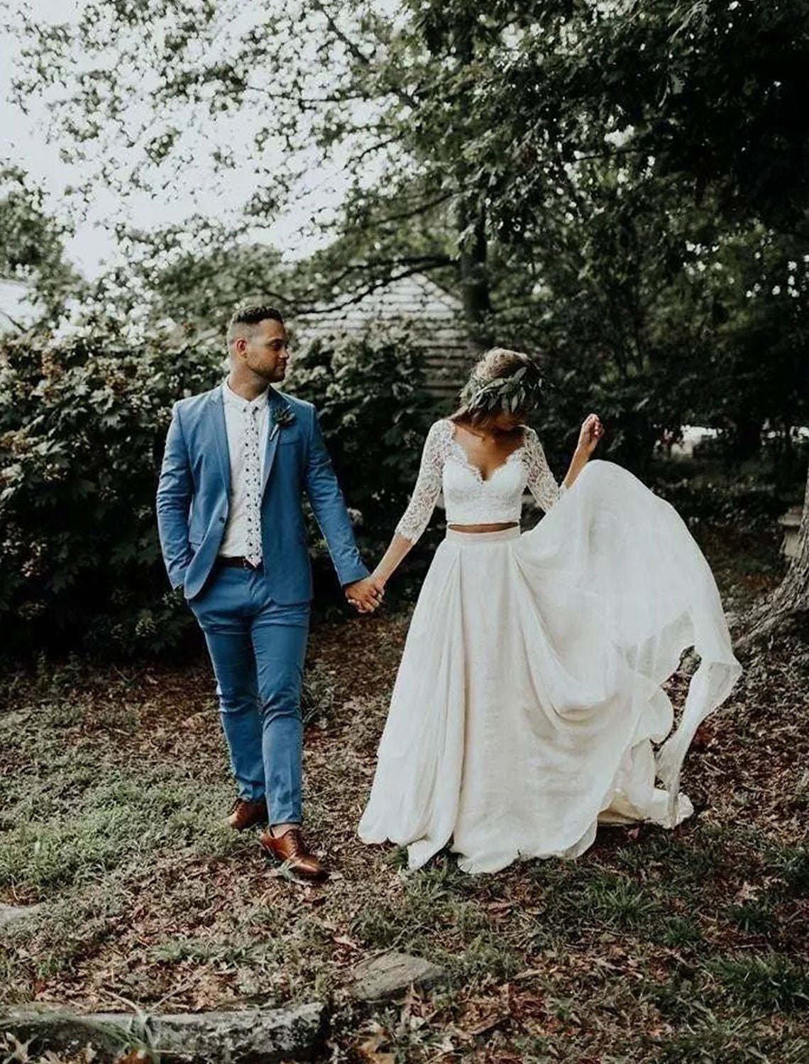 Luolandi Boho Wedding Dresses Ball Gown V Neck 3/4 Length Sleeve Sweep / Brush Train Chiffon Bridal Suits Bridal Gowns