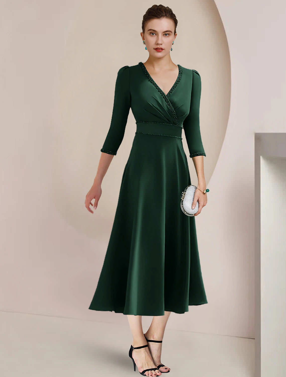 Luolandi A-Line Mother of the Bride Dress Formal Wedding Guest Party Elegant V Neck Tea Length Fabric 3/4 Length Sleeve with Beading