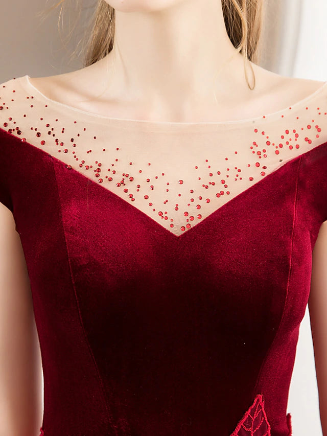 Luolandi A-Line Prom Dresses Glittering Dress Engagement Floor Length Short Sleeve Jewel Neck Tulle with Pleats Crystals Pattern