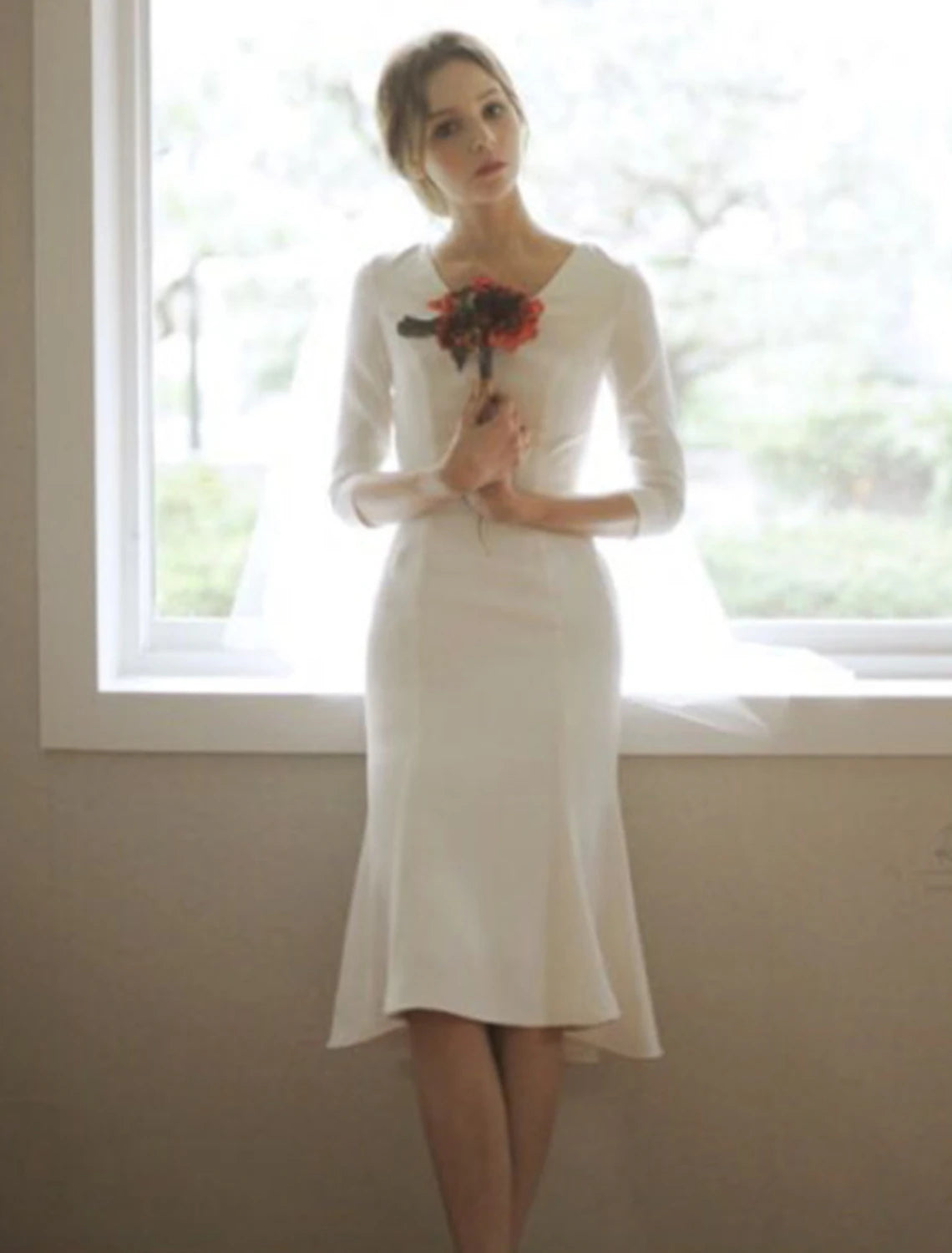 Luolandi Reception Little Dresses Fall Wedding Dresses Mermaid / Trumpet V Neck 3/4 Length Sleeve Asymmetrical Satin Bridal Gowns