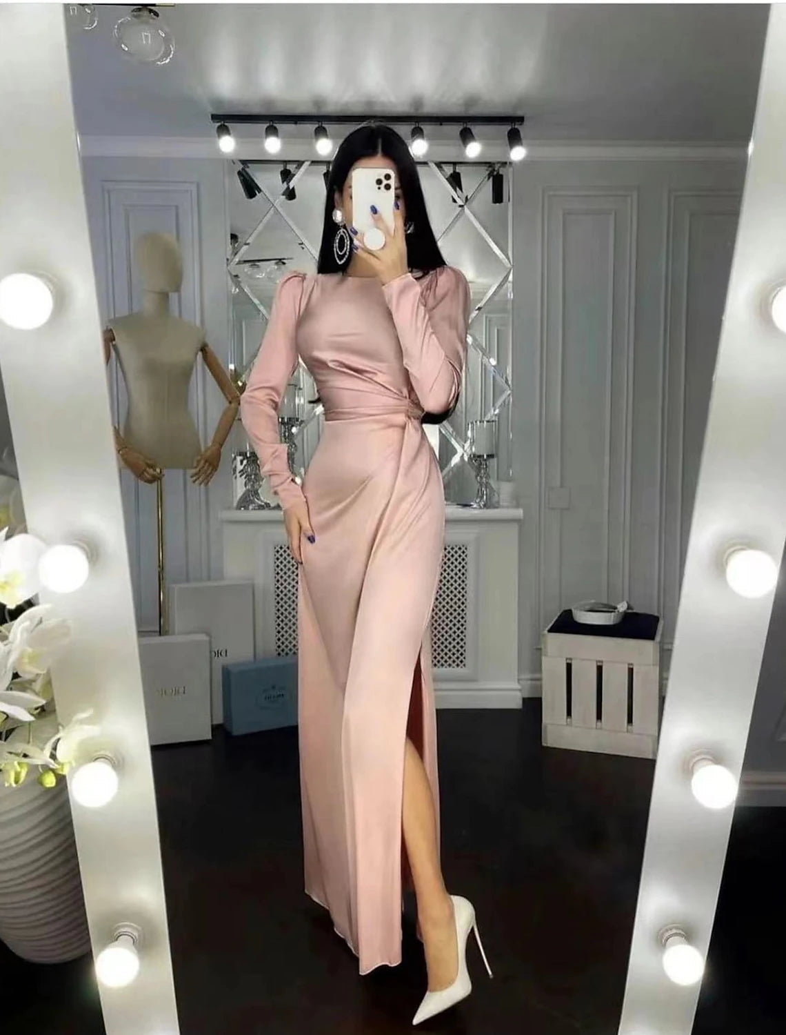 Luolandi Sheath Party Dress Evening Gown Elegant Dress Wedding Guest Fall Floor Length Long Sleeve High Neck Bridesmaid Dress Satin