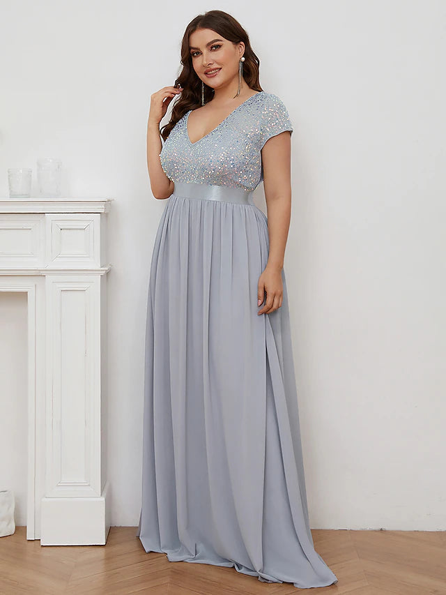 Luolandi A-Line Bridesmaid Dress V Neck Short Sleeve Elegant Floor Length Chiffon