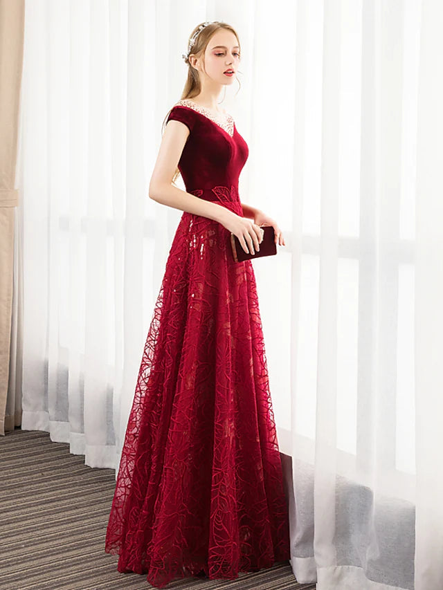 Luolandi A-Line Prom Dresses Glittering Dress Engagement Floor Length Short Sleeve Jewel Neck Tulle with Pleats Crystals Pattern