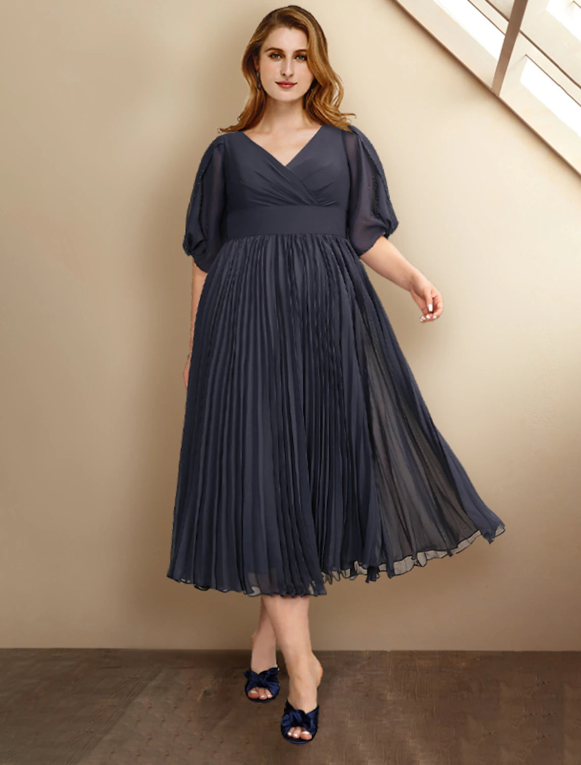 Luolandi A-Line Mother of the Bride Dresses Plus Size Hide Belly Curve Elegant Dress Formal Tea Length Short Sleeve V Neck Chiffon