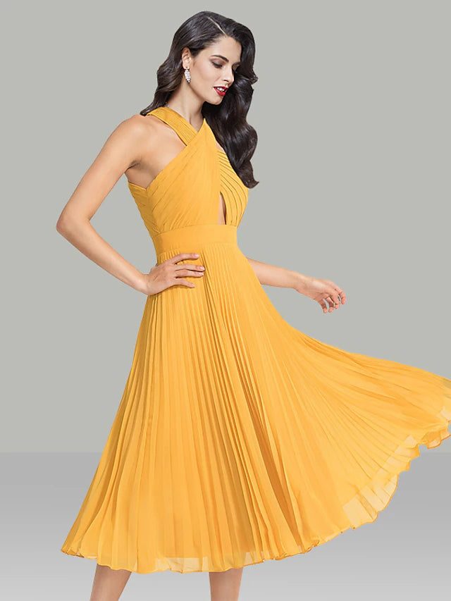 Luolandi A-Line Wedding Guest Dresses Elegant Dress Cocktail Party Tea Length Sleeveless Halter Chiffon