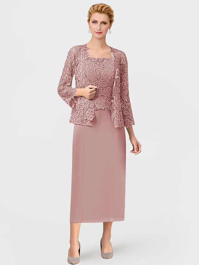 Luolandi Two Piece Mother of the Bride Dress Formal Wedding Guest Elegant Square Neck Ankle Length Chiffon Lace Sleeveless Wrap Included