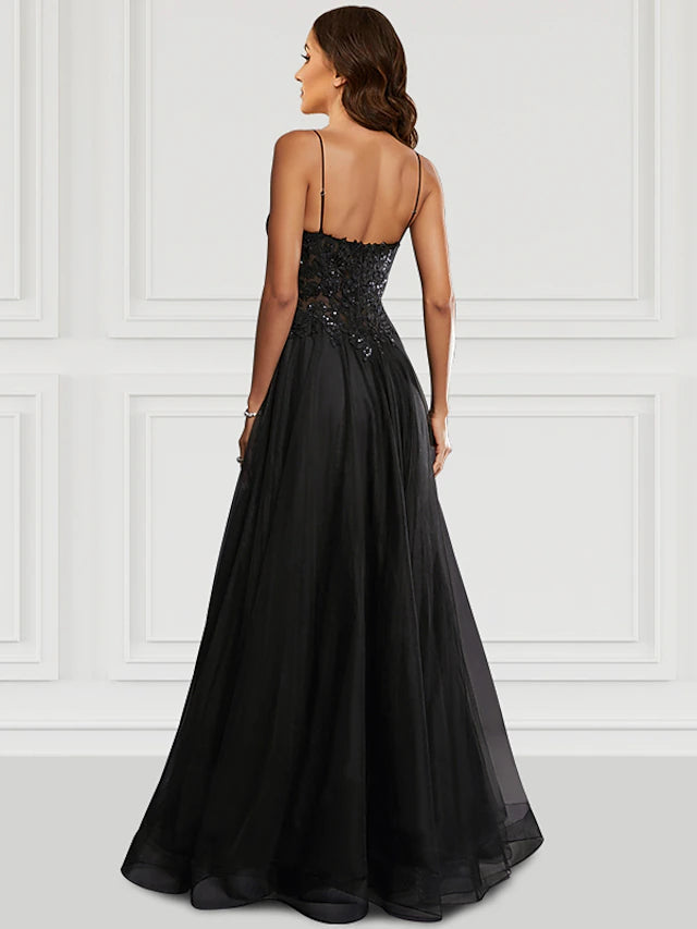Luolandi A-Line Prom Dresses Black Dress Party Wear Floor Length Sleeveless Spaghetti Strap Tulle