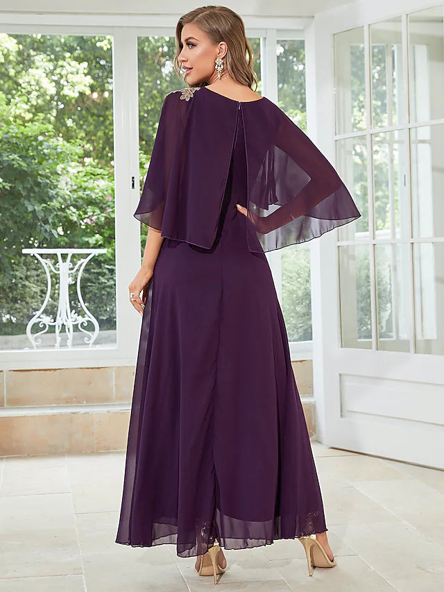Luolandi A-Line Wedding Guest Dresses Elegant Dress Party Wear Floor Length Half Sleeve Jewel Neck Chiffon