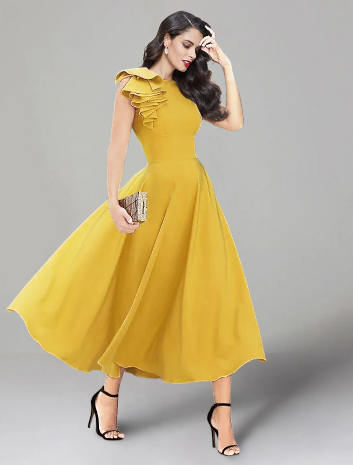 Luolandi A-Line Wedding Guest Dresses Backless Dress Summer Tea Length Sleeveless Jewel Neck Fabric