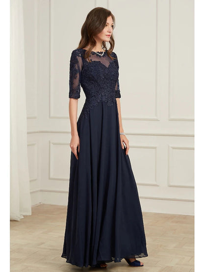 A-Line Elegant Wedding Guest Formal Evening Dress Jewel Neck Half Sleeve Floor Length Tulle