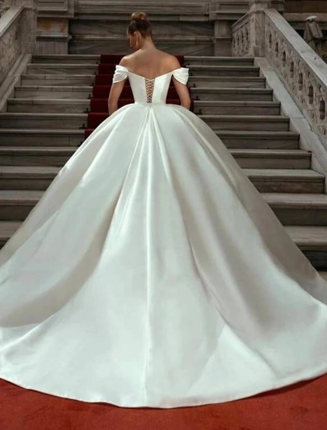 Luolandi Engagement Formal Wedding Dresses Ball Gown Off Shoulder Cap Sleeve Court Train Satin Bridal Gowns With Ruched