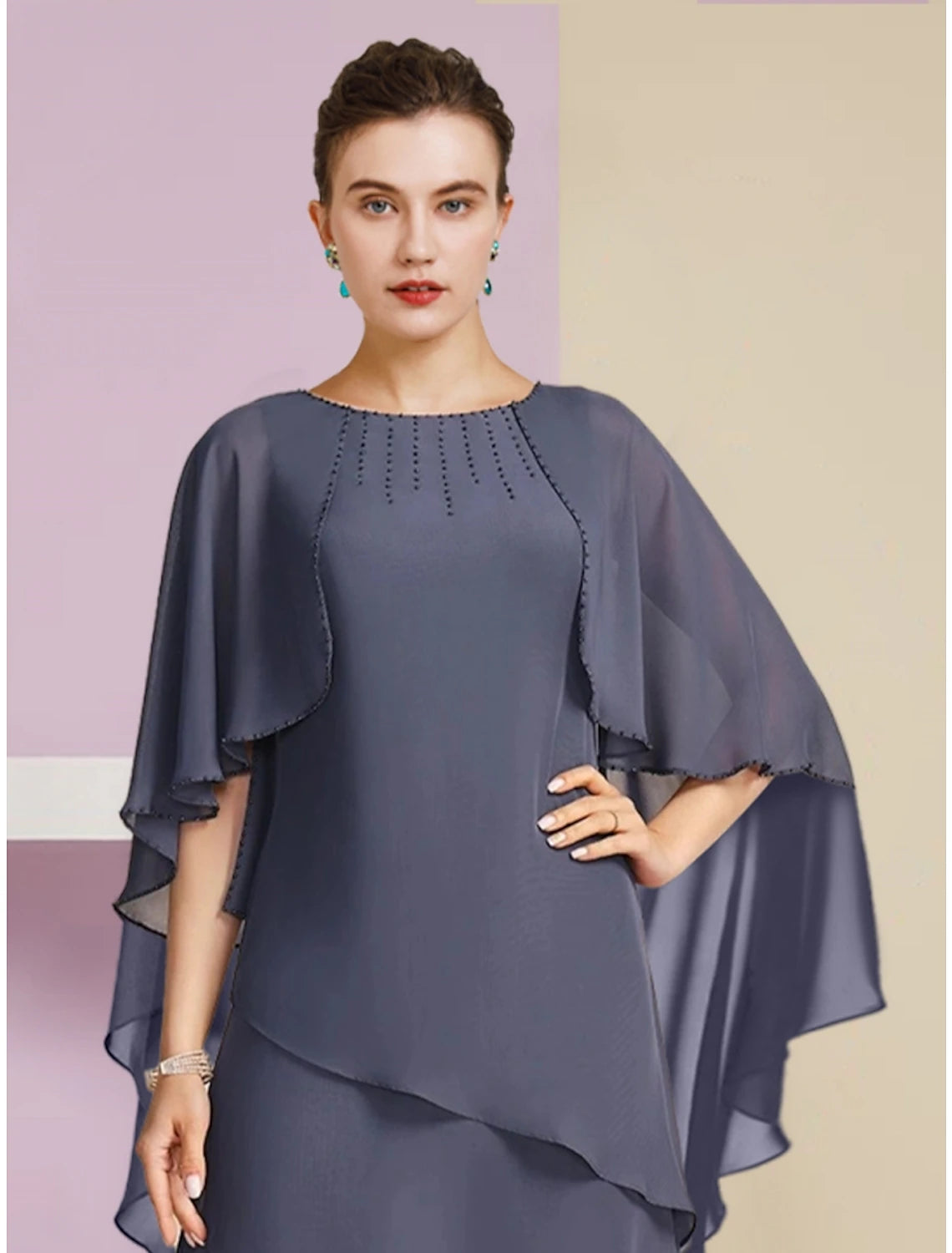 Luolandi Sheath / Column Mother of the Bride Dress Wedding Guest Elegant Jewel Neck Floor Length Chiffon Half Sleeve with Sequin Tier