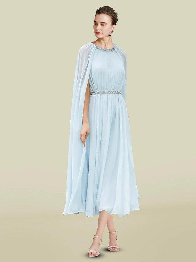 Luolandi Sheath / Column Mother of the Bride Dress Elegant Jewel Neck Tea Length Chiffon Sleeveless with Pleats Beading