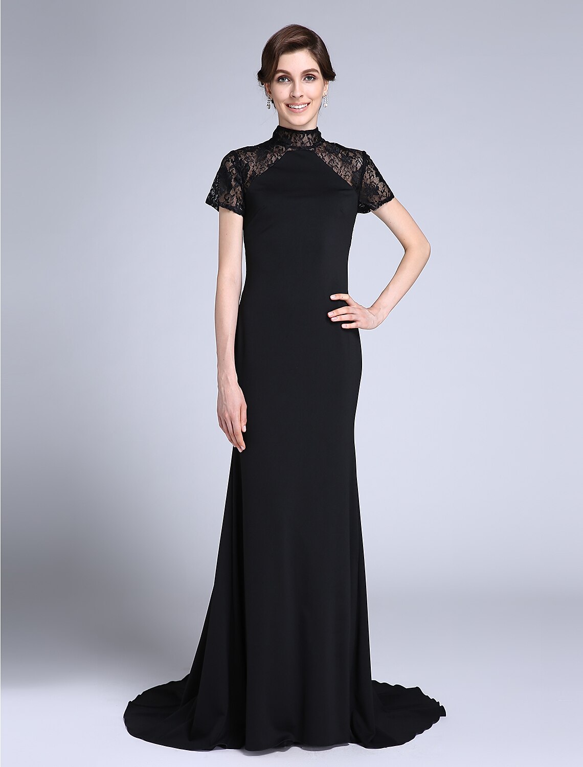 Luolandi Mermaid / Trumpet Mother of the Bride Dress Vintage Inspired High Neck Sweep / Brush Train Lace Jersey Short Sleeve