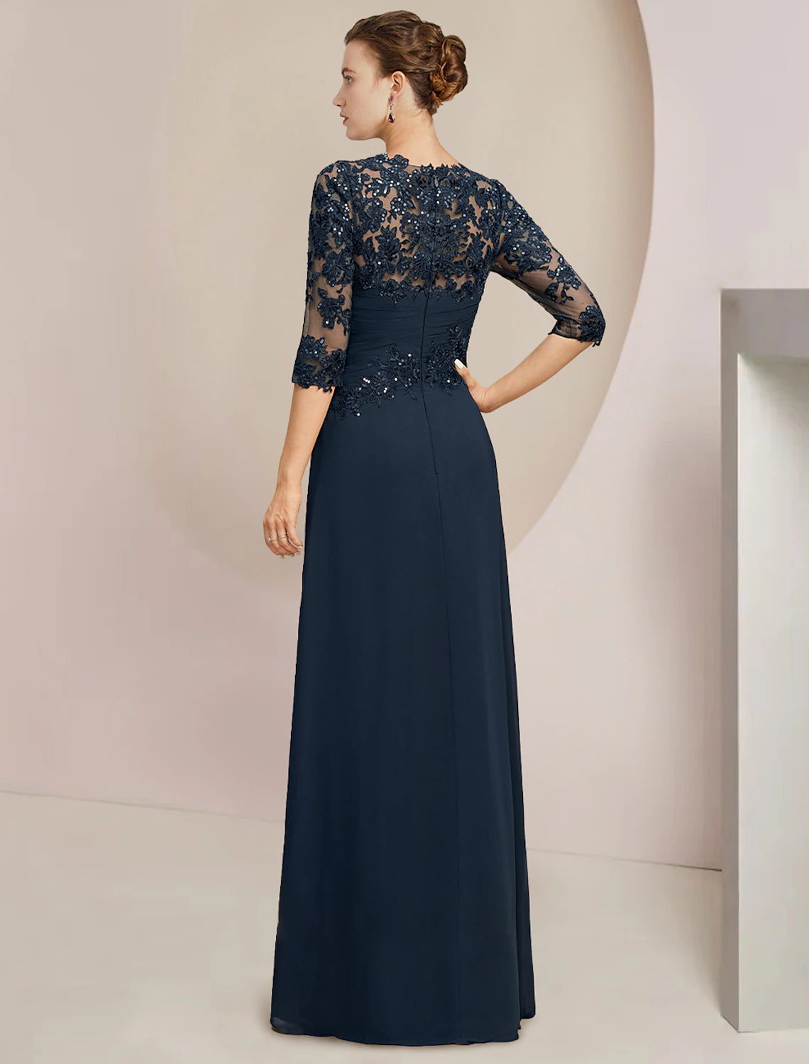 Luolandi A-Line Mother of the Bride Dress Formal Wedding Guest Elegant Jewel Neck Floor Length Chiffon Lace Sequined Half Sleeve with Sequin