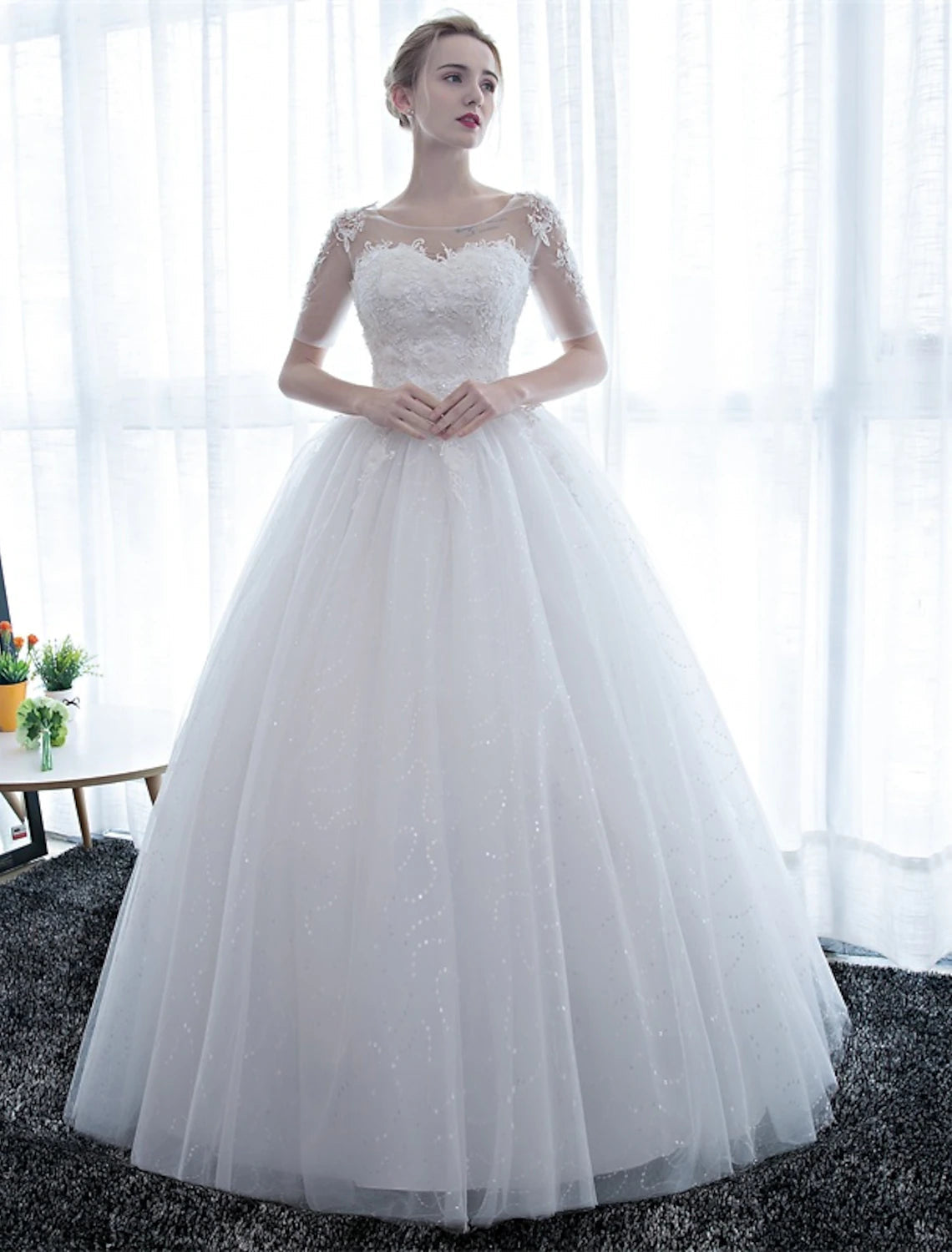 Luolandi Reception Formal Wedding Dresses Ball Gown Illusion Neck Half Sleeve Floor Length Satin Bridal Gowns