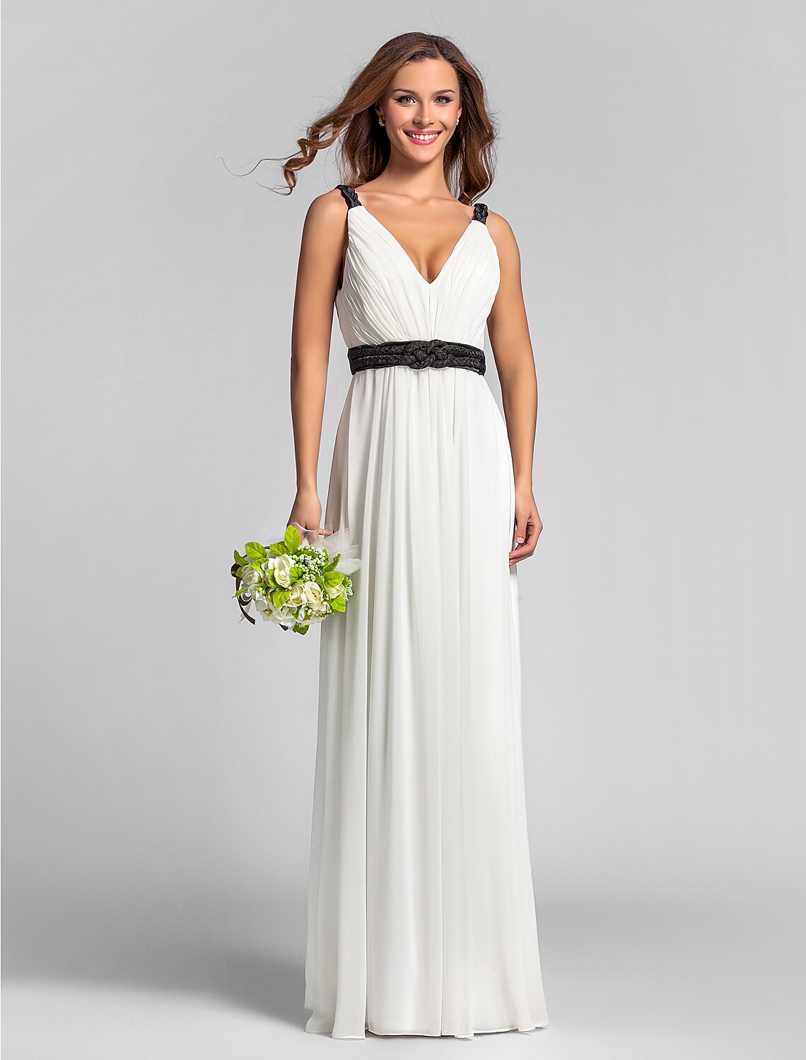 Luolandi Sheath / Column V Neck Floor Length Georgette Bridesmaid Dress with Sash