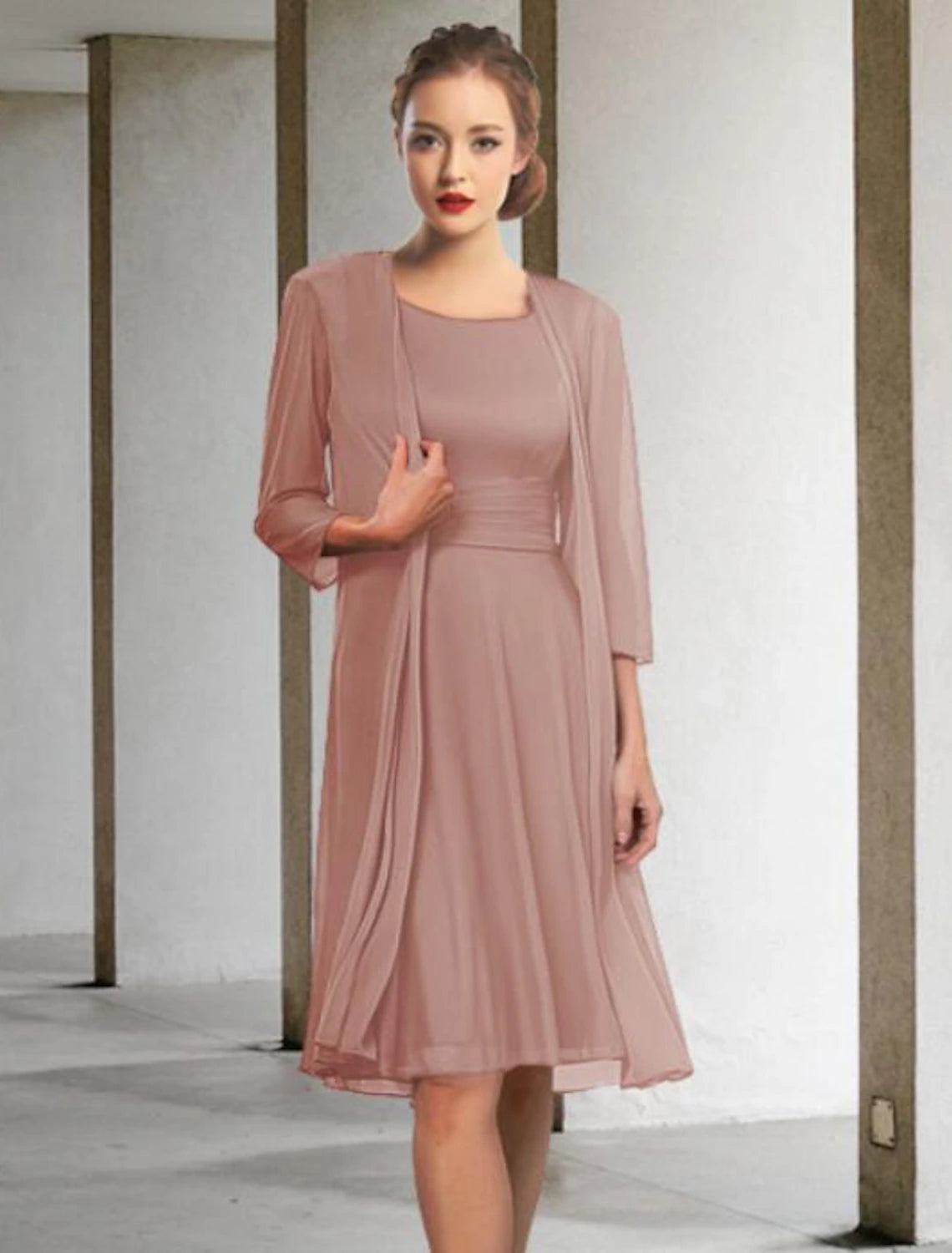 Luolandi Two Piece A-Line Mother of the Bride Dress Elegant Jewel Neck Knee Length Chiffon Sleeveless