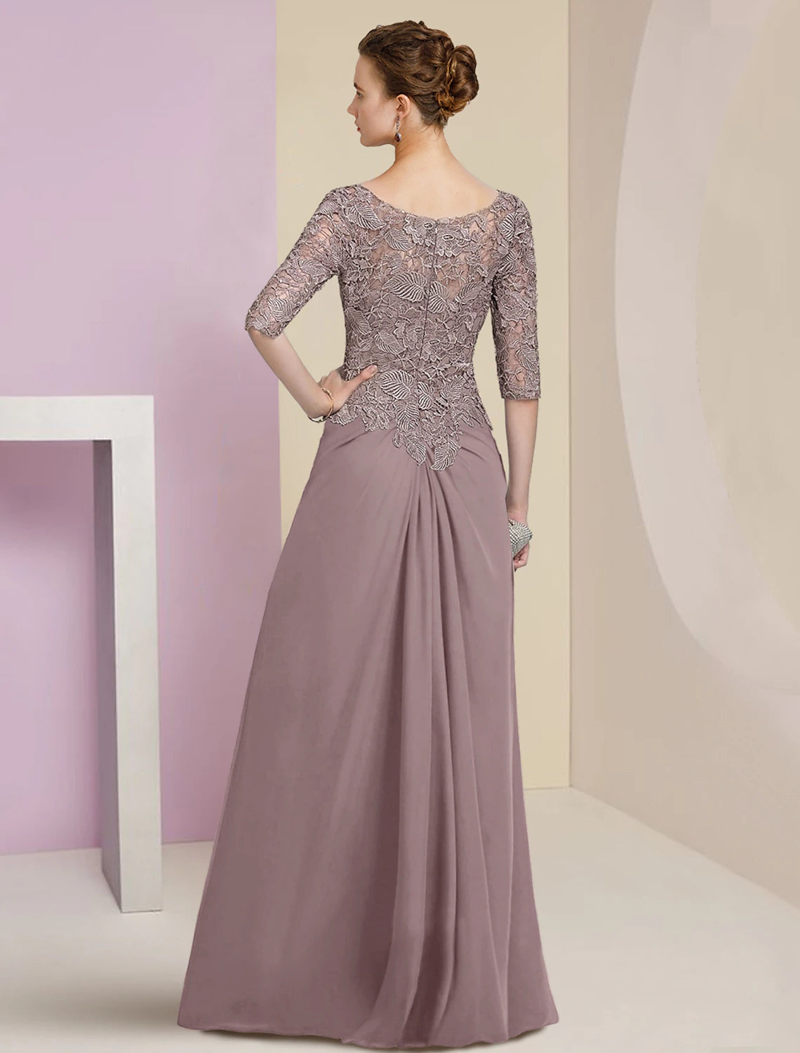 Luolandi Sheath / Column Mother of the Bride Dress Formal Wedding Guest Elegant Scoop Neck Floor Length Chiffon Lace Half Sleeve