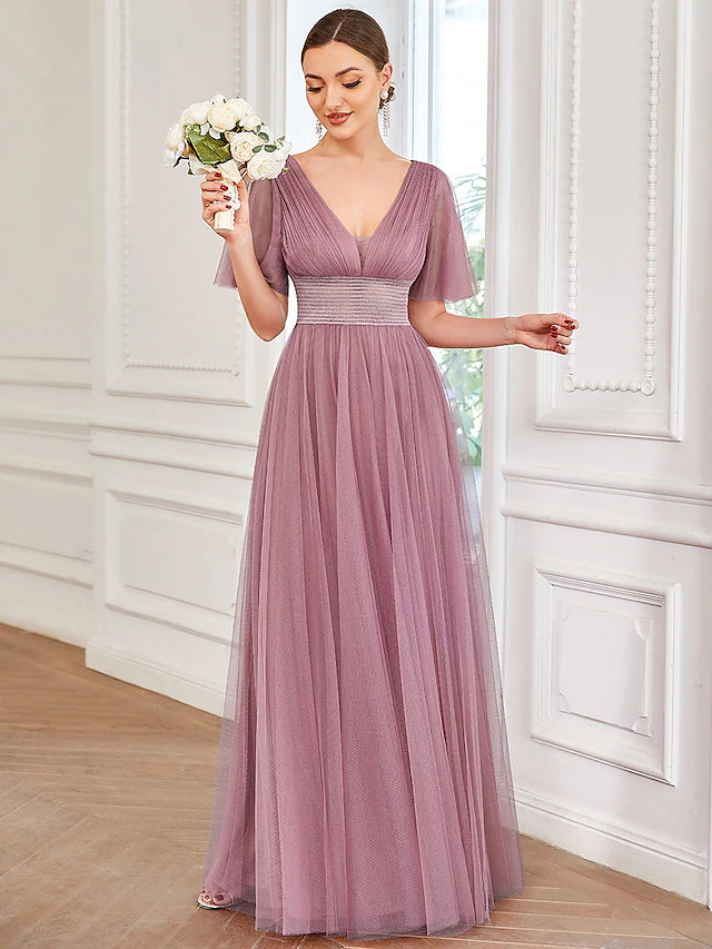 Luolandi A-Line Bridesmaid Dress V Neck Short Sleeve Plus Size Floor Length Tulle with Ruffles / Draping