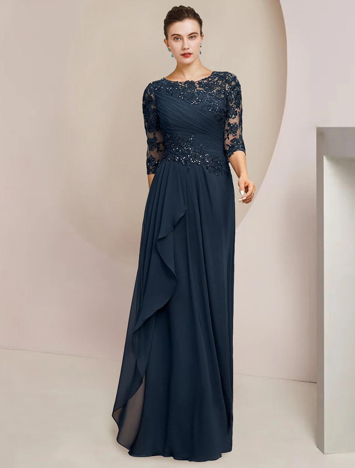 Luolandi A-Line Mother of the Bride Dress Formal Wedding Guest Elegant Jewel Neck Floor Length Chiffon Lace Sequined Half Sleeve with Sequin