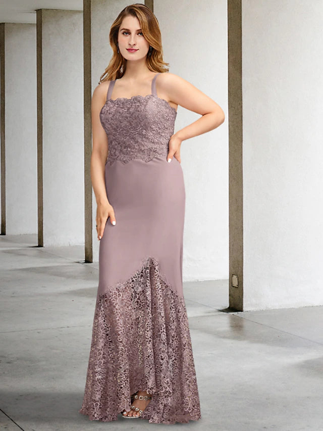 Luolandi Two Piece A-Line Plus Size Curve Mother of the Bride Dresses Elegant Dress Formal Asymmetrical Sleeveless Square Neck Chiffon with Appliques