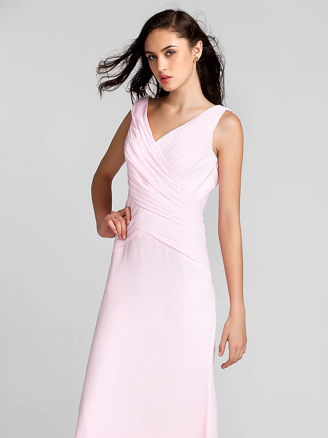 Luolandi Sheath / Column Bridesmaid Dress V Neck Sleeveless Floor Length Chiffon with Criss Pure Color Pure Color Cross