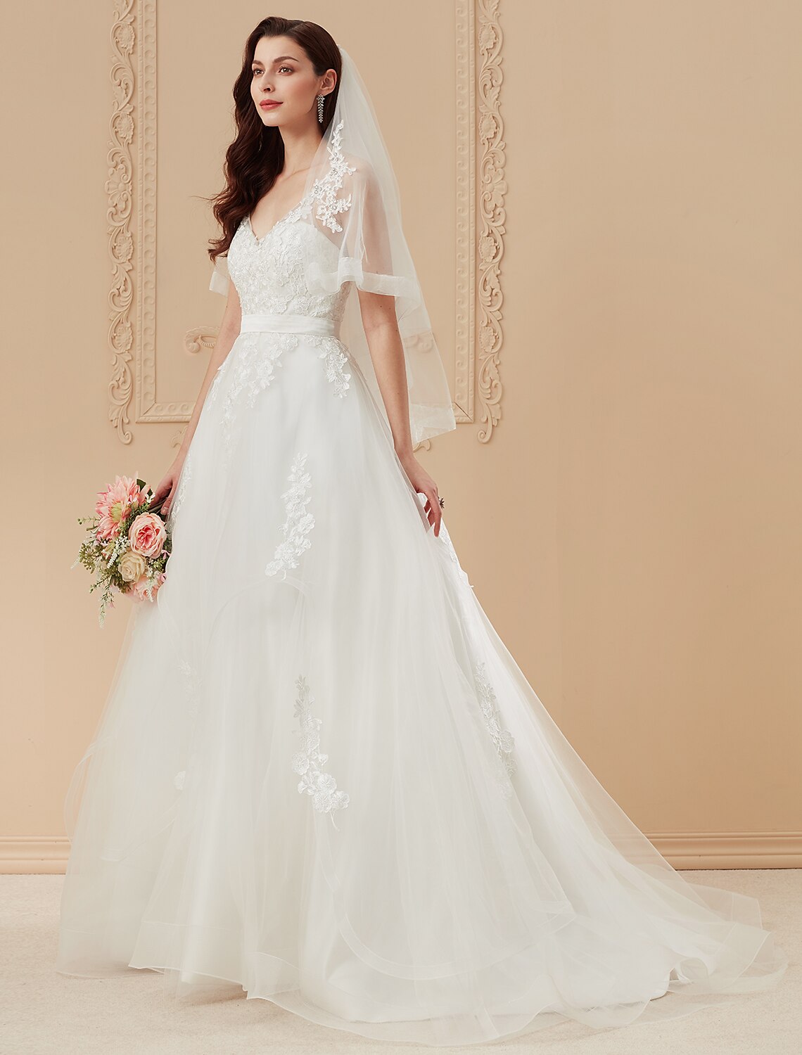 Luolandi Ball Gown Wedding Dresses V Neck Sweep / Brush Train Satin Tulle Over Lace Spaghetti Strap Romantic Illusion Detail Backless