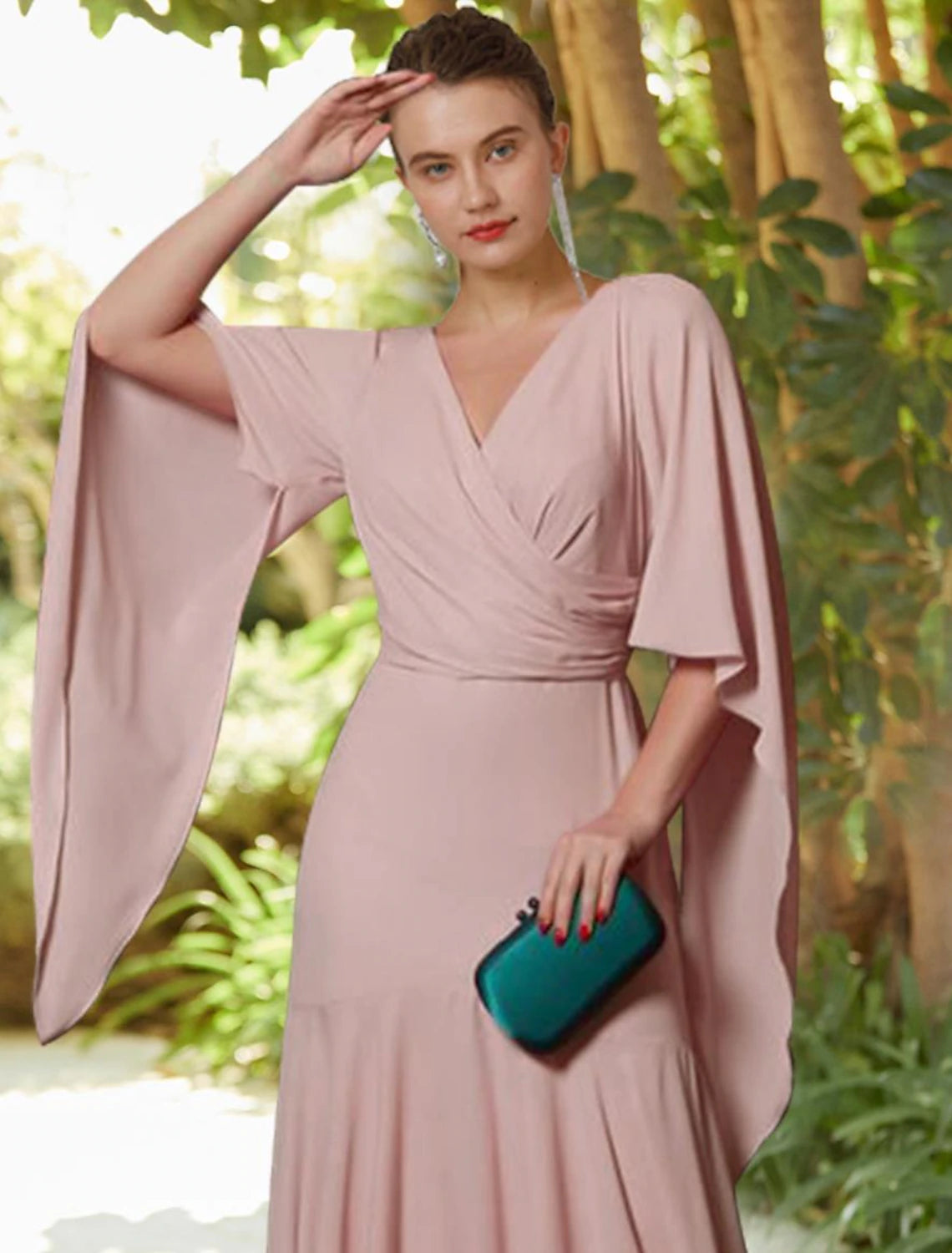 Luolandi A-Line Mother of the Bride Dress Formal Wedding Guest Elegant V Neck Floor Length Chiffon Long Sleeve