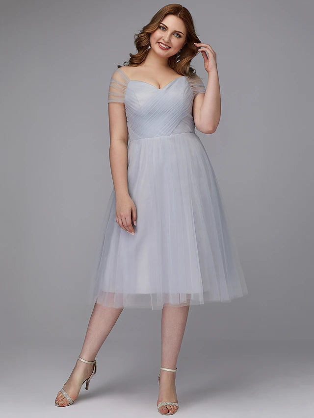 Luolandi A-Line Elegant Dress Wedding Guest Tea Length Short Sleeve Off Shoulder Tulle with Sash / Ribbon
