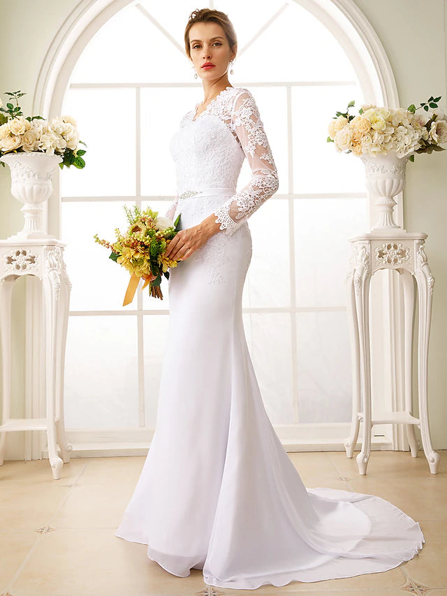 Luolandi Engagement Open Back Formal Wedding Dresses Court Train Mermaid / Trumpet Long Sleeve Illusion Neck Chiffon With Sash