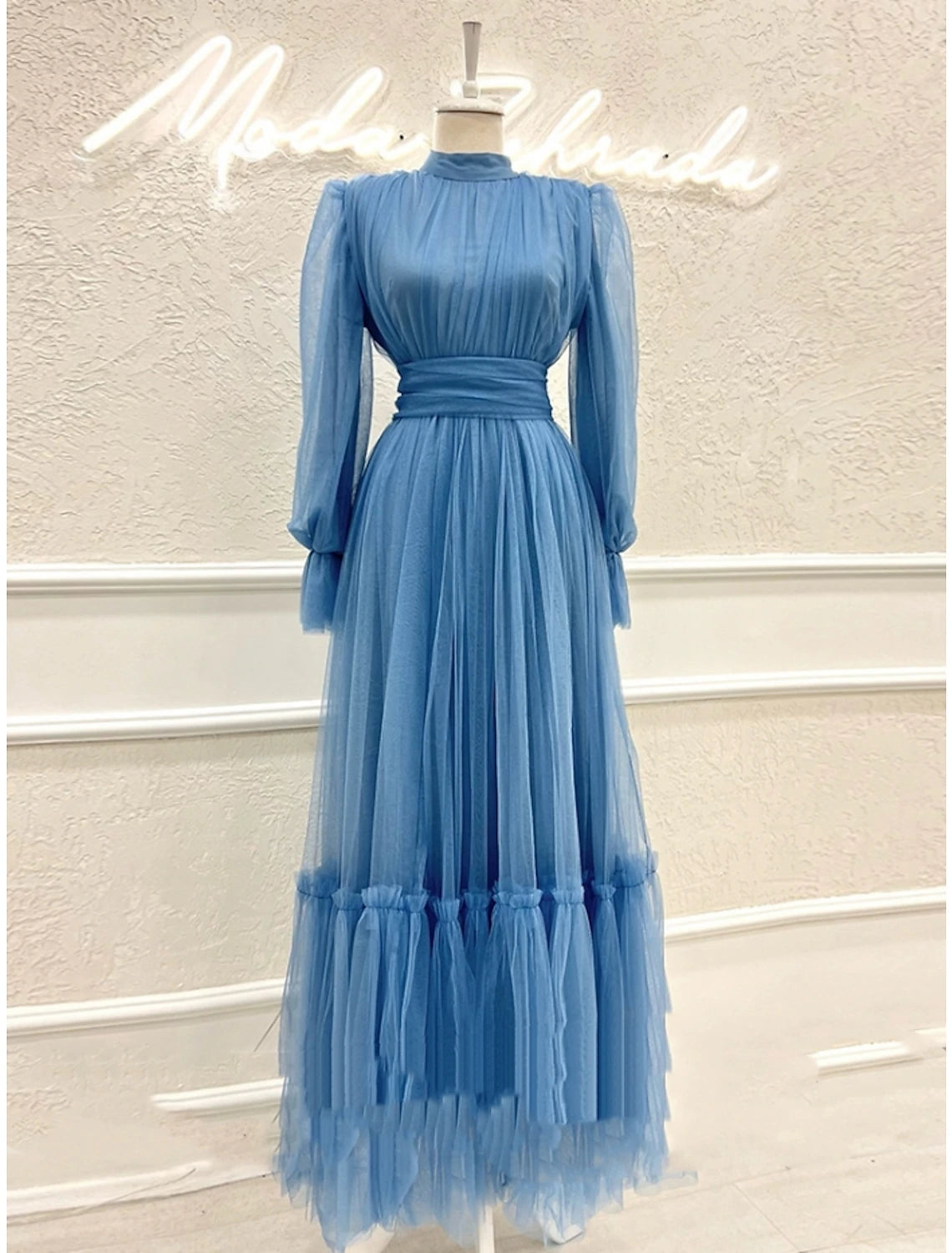 A-Line Prom Dresses Elegant Dress Formal Ankle Length Long Sleeve High Neck Tulle with Pleats