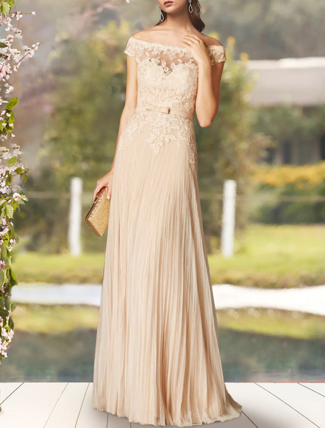 Luolandi A-Line Mother of the Bride Dress Elegant Off Shoulder Floor Length Lace Tulle Short Sleeve with Bow(s) Pleats